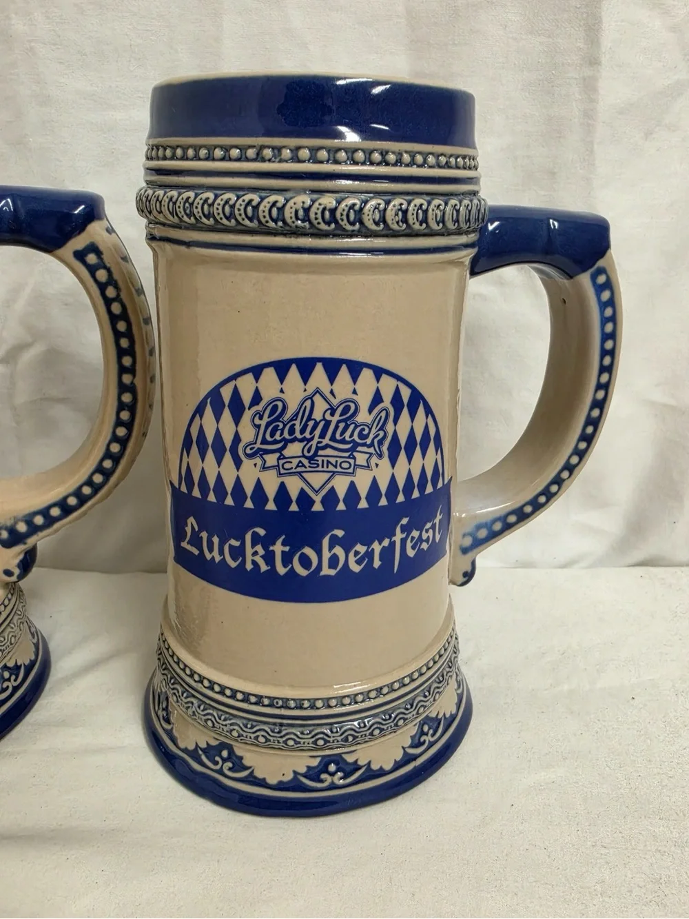 Lady Luck Casino Lucktoberfest Beer Steins Set of 2 Ceramic Blue Cream Large